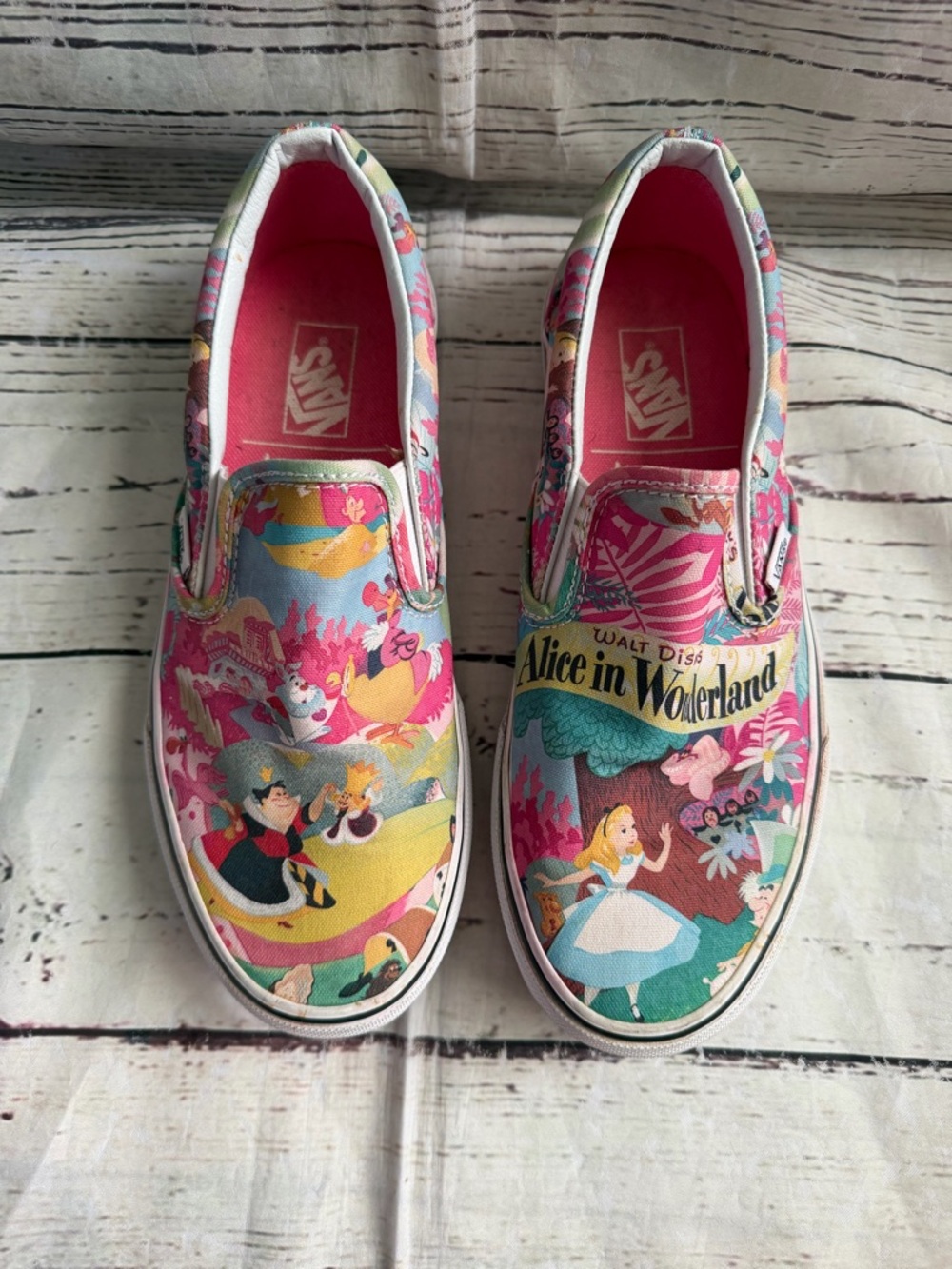 Vans Pink Multicolor Alice in Wonderland Slip-On Sneakers - Picture 3 of 11